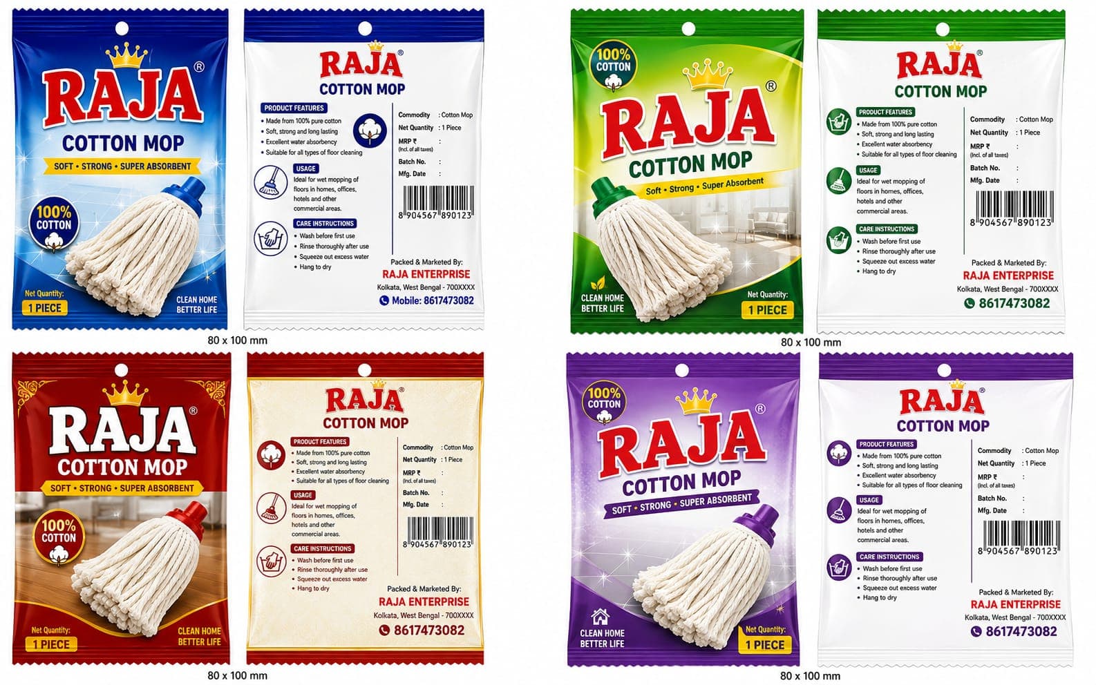 Raja Cotton Mop plastic pouch — four colour variants designed and printed by Swastik Print