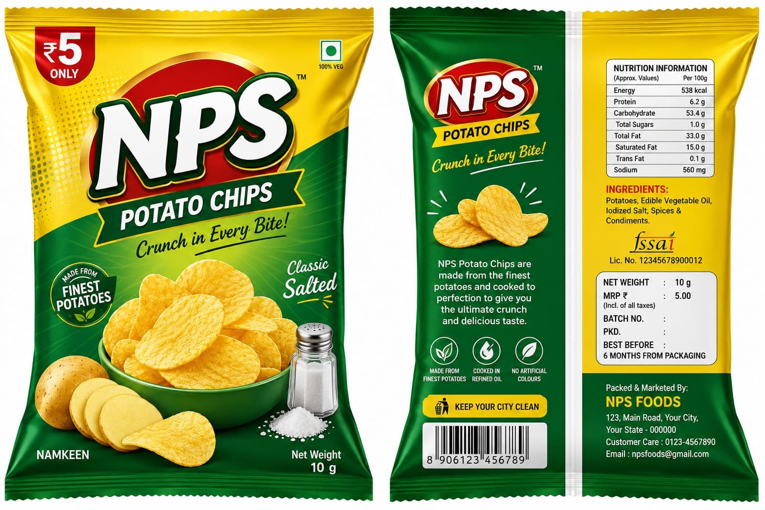 NPS Potato Chips pouch — front and back panel packaging designed and printed by Swastik Print
